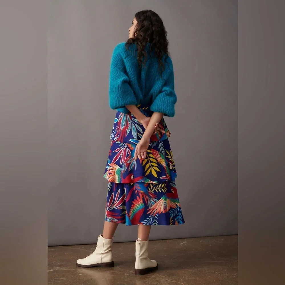 Farm Rio Fatima Tiered Midi Skirt Blue Tropical Bird Floral Print Ruffle
